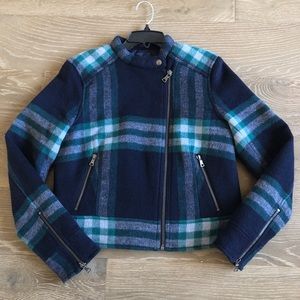 GAP Blue & Green Plaid Wool Crop Moto Jacket